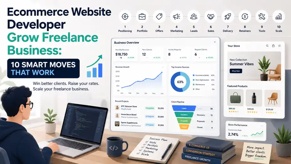 An informative illustration about Ecommerce Website Developer Grow Freelance Business: 10 Smart Moves That Work