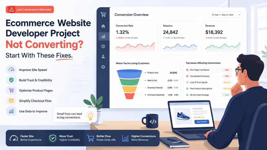 An informative illustration about Ecommerce Website Developer Project Not Converting? Start With These Fixes