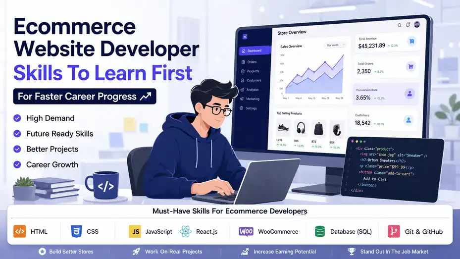 An informative illustration about Ecommerce Website Developer Skills To Learn First For Faster Career Progress