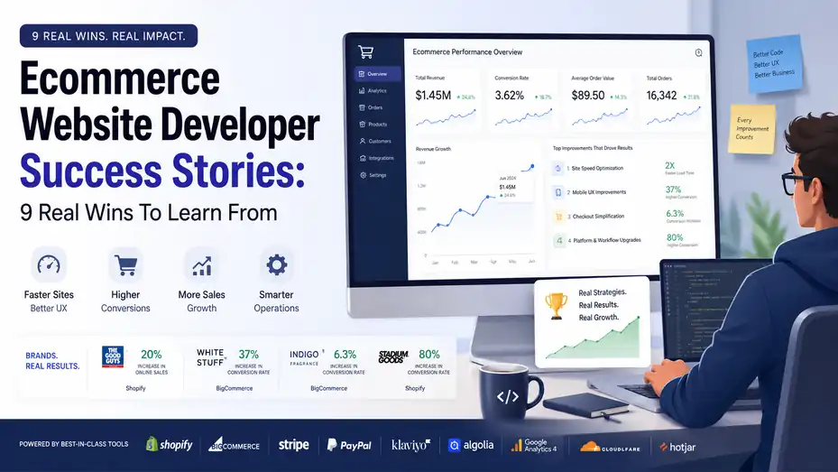 An informative illustration about Ecommerce Website Developer Success Stories: 9 Real Wins To Learn From