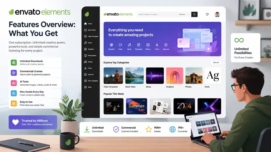 An informative illustration about Envato Elements Features Overview: What You Get