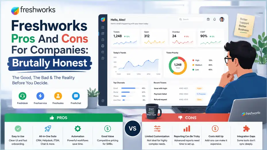 An informative illustration about Freshworks Pros And Cons For Companies: Brutally Honest