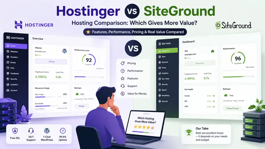 An informative illustration about Hostinger Vs SiteGround Hosting Comparison: Which Gives More Value?