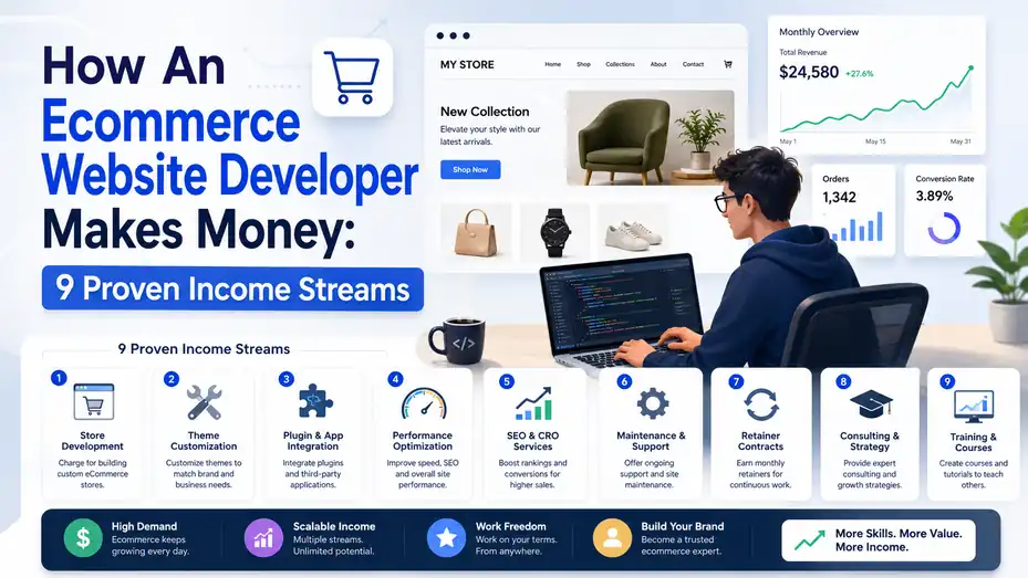 An informative illustration about How An Ecommerce Website Developer Makes Money: 9 Proven Income Streams