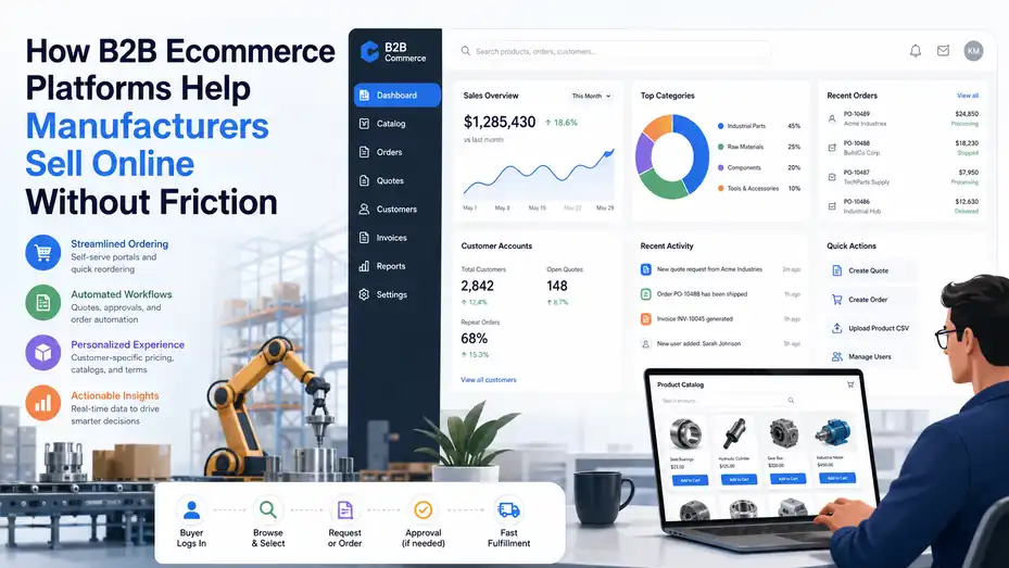 An informative illustration about How B2B Ecommerce Platforms Help Manufacturers Sell Online Without Friction