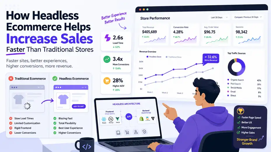 An informative illustration about How Headless Ecommerce Helps Increase Sales Faster Than Traditional Stores