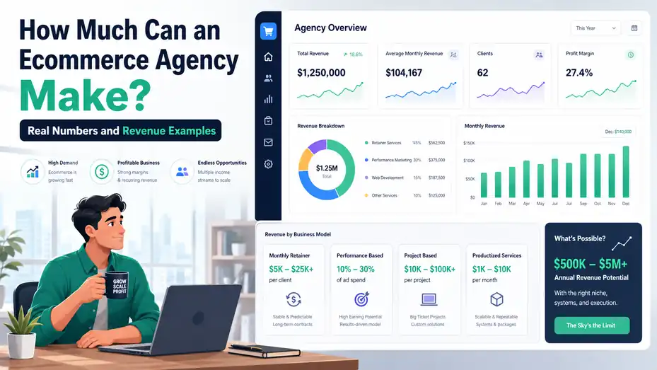 An informative illustration about How Much Can an Ecommerce Agency Make? Real Numbers and Revenue Examples