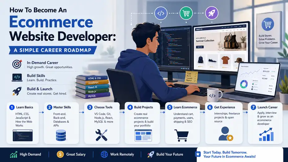 An informative illustration about How To Become An Ecommerce Website Developer: A Simple Career Roadmap