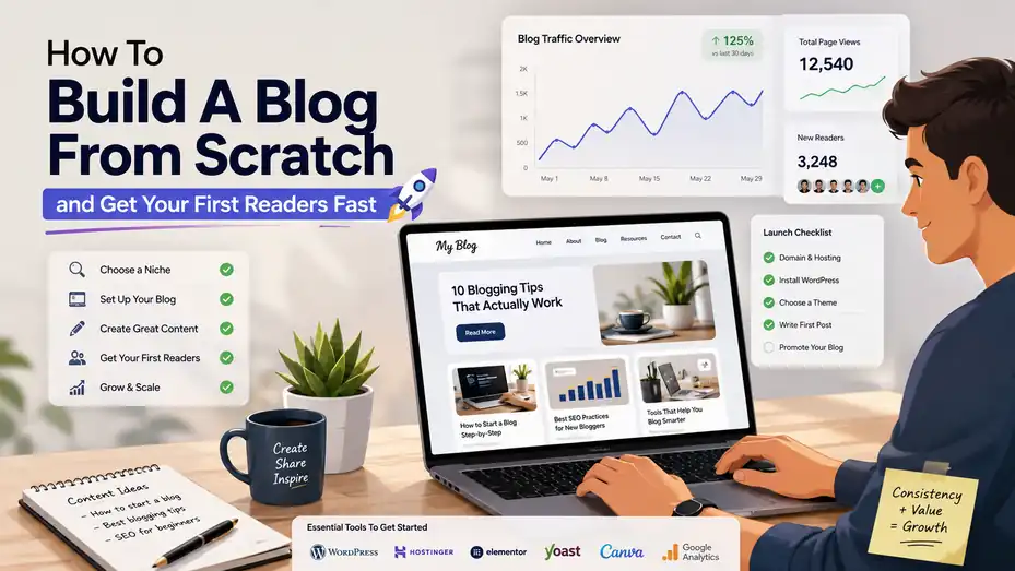 An informative illustration about How To Build A Blog From Scratch and Get Your First Readers Fast