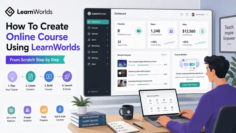 An informative illustration about How To Create Online Course Using LearnWorlds From Scratch Step by Step