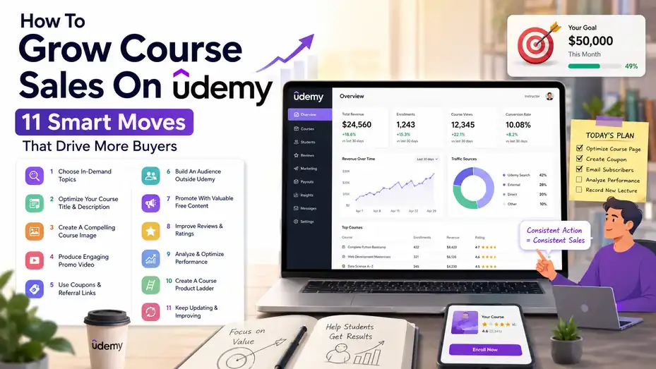 An informative illustration about How To Grow Course Sales On Udemy 11 Smart Moves That Drive More Buyers