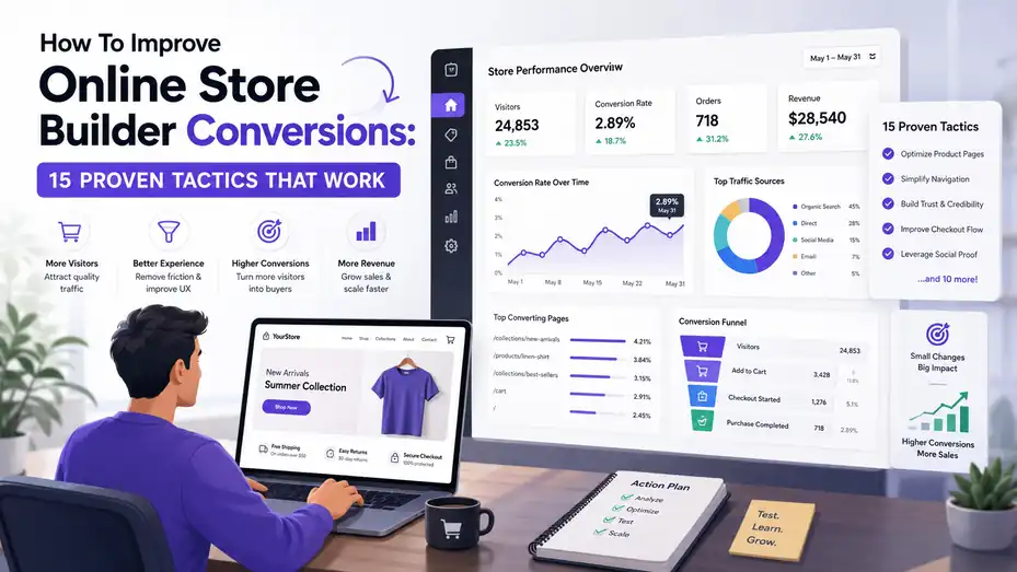 An informative illustration about How To Improve Online Store Builder Conversions: 15 Proven Tactics That Work