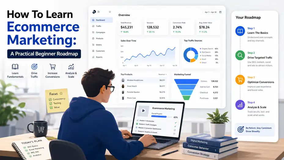 An informative illustration about How To Learn Ecommerce Marketing: A Practical Beginner Roadmap