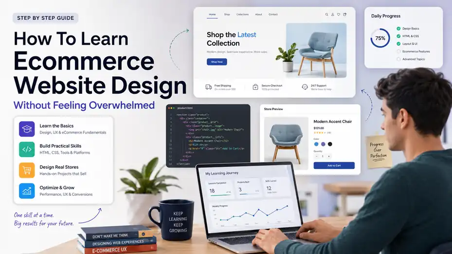 An informative illustration about How To Learn Ecommerce Website Design Without Feeling Overwhelmed