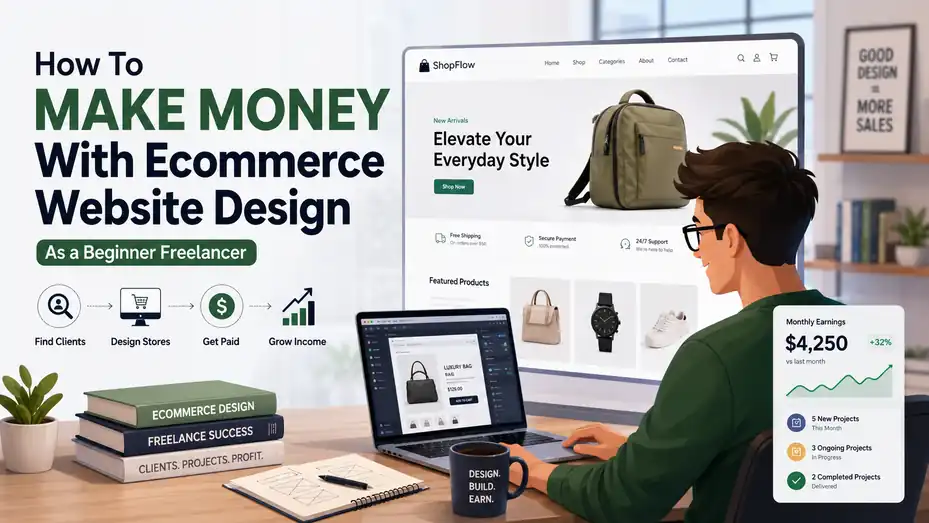 An informative illustration about How To Make Money With Ecommerce Website Design as a Beginner Freelancer