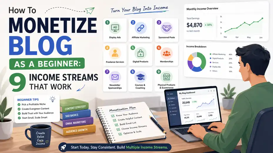 An informative illustration about How To Monetize Blog As A Beginner: 9 Income Streams That Work