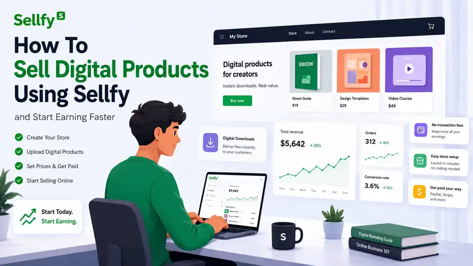 An informative illustration about How To Sell Digital Products Using Sellfy and Start Earning Faster