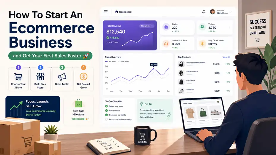 An informative illustration about How To Start An Ecommerce Business and Get Your First Sales Faster