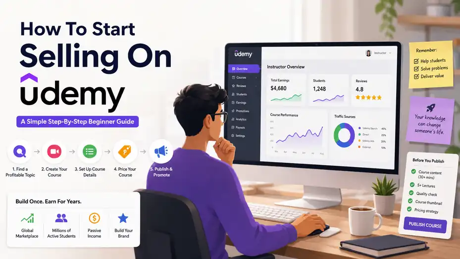 An informative illustration about How To Start Selling On Udemy: A Simple Step-By-Step Beginner Guide