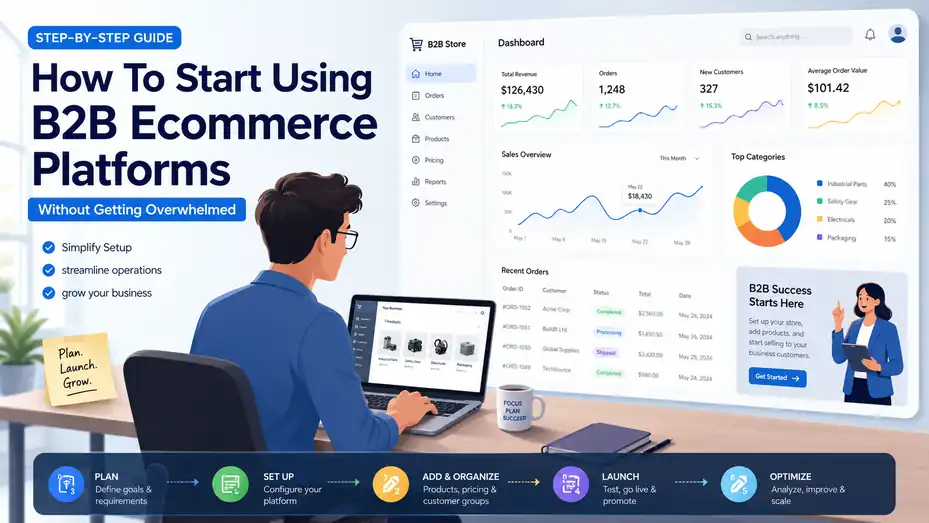 An informative illustration about How To Start Using B2B Ecommerce Platforms Without Getting Overwhelmed