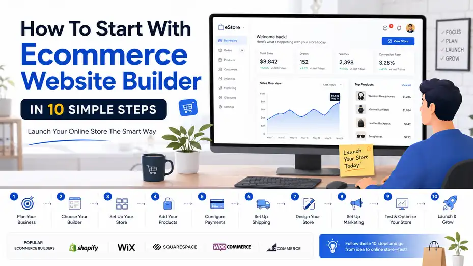 An informative illustration about How To Start With Ecommerce Website Builder in 10 Simple Steps