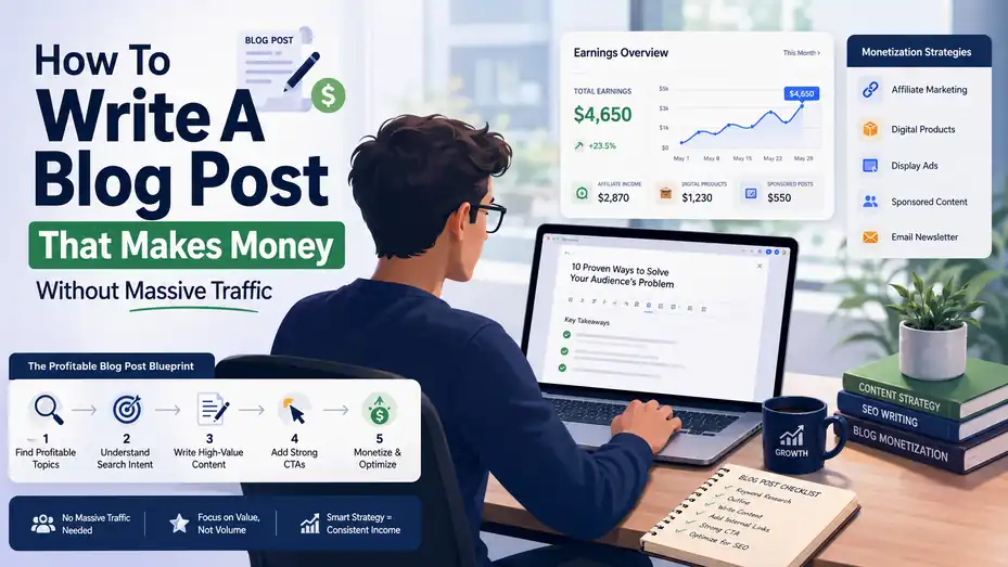 An informative illustration about How To Write A Blog Post That Makes Money Without Massive Traffic