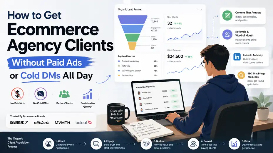 An informative illustration about How to Get Ecommerce Agency Clients Without Paid Ads or Cold DMs All Day