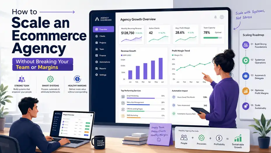 An informative illustration about How to Scale an Ecommerce Agency Without Breaking Your Team or Margins