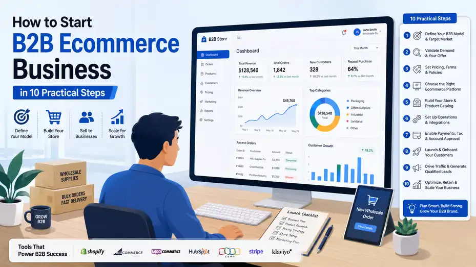 An informative illustration about How to Start B2B Ecommerce Business in 10 Practical Steps