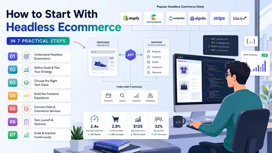 An informative illustration about How to Start With Headless Ecommerce in 7 Practical Steps