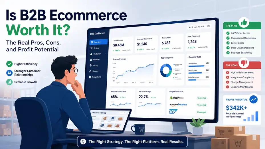 An informative illustration about Is B2B Ecommerce Worth It The Real Pros, Cons, and Profit Potential