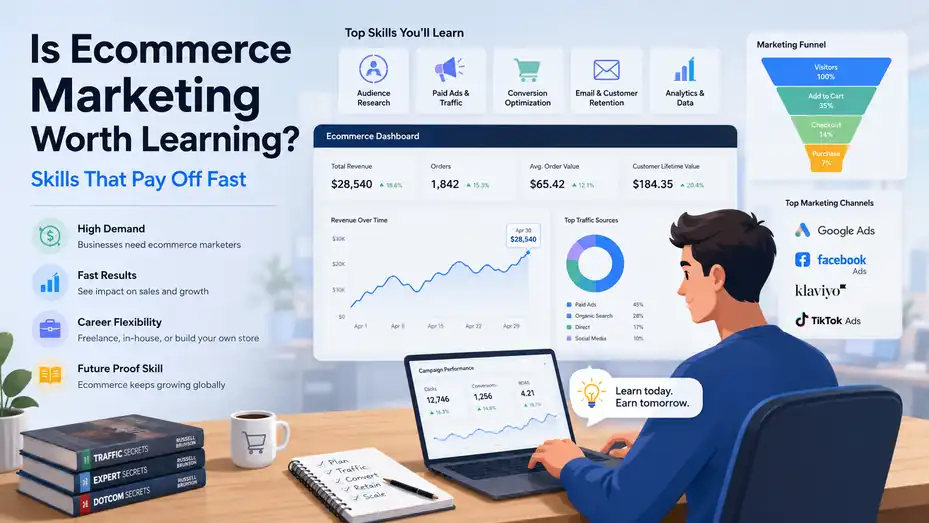 An informative illustration about Is Ecommerce Marketing Worth Learning? Skills That Pay Off Fast