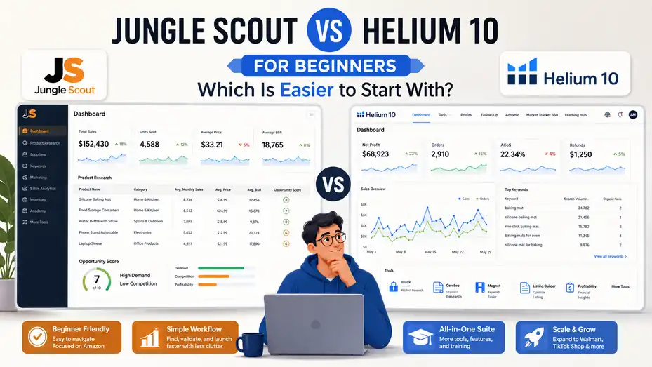 An informative illustration about Jungle Scout Vs Helium 10 for Beginners: Which Is Easier to Start With?
