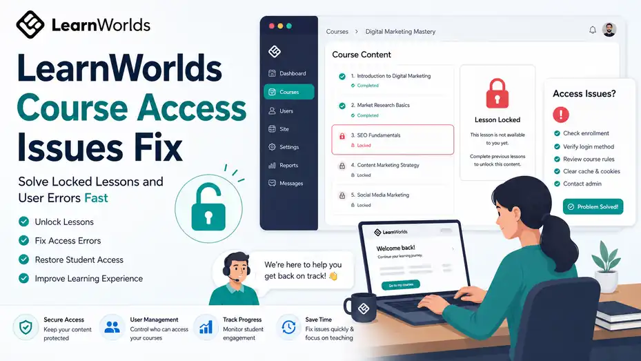 An informative illustration about LearnWorlds Course Access Issues Fix: Solve Locked Lessons and User Errors Fast