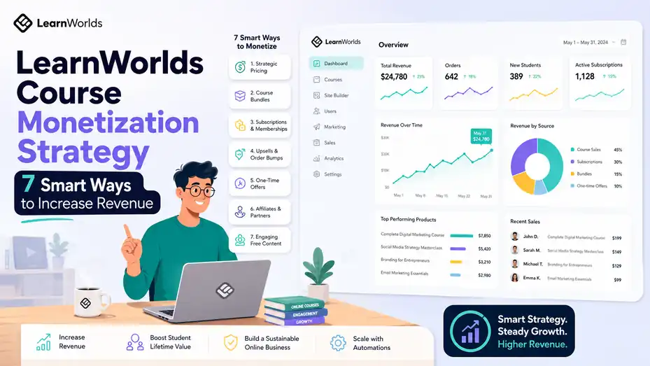 An informative illustration about LearnWorlds Course Monetization Strategy: 7 Smart Ways to Increase Revenue