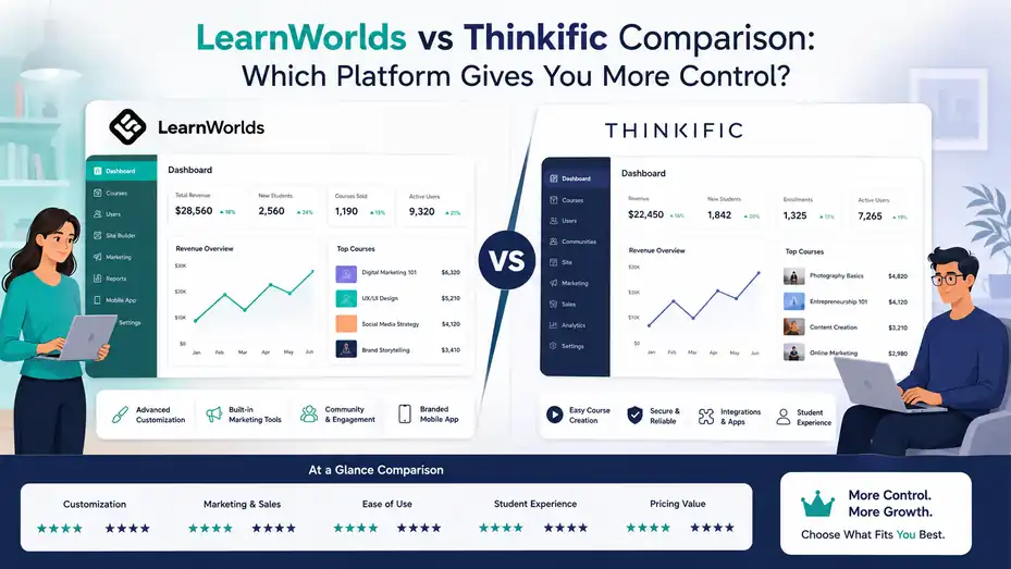 An informative illustration about LearnWorlds vs Thinkific Comparison: Which Platform Gives You More Control?