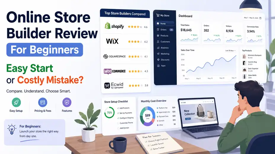 An informative illustration about Online Store Builder Review For Beginners Easy Start Or Costly Mistake