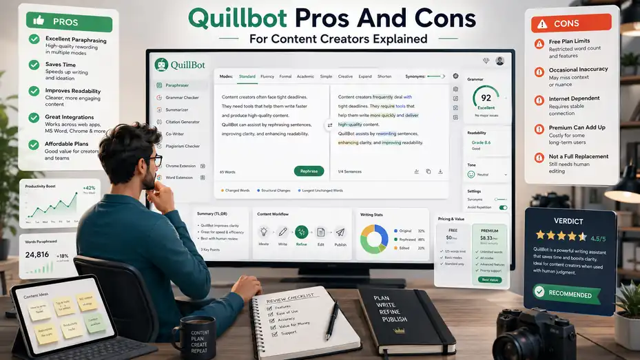 An informative illustration about Quillbot Pros And Cons For Content Creators Explained