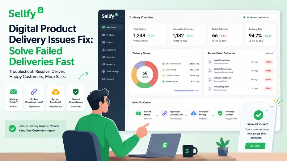 An informative illustration about Sellfy Digital Product Delivery Issues Fix Solve Failed Deliveries Fast