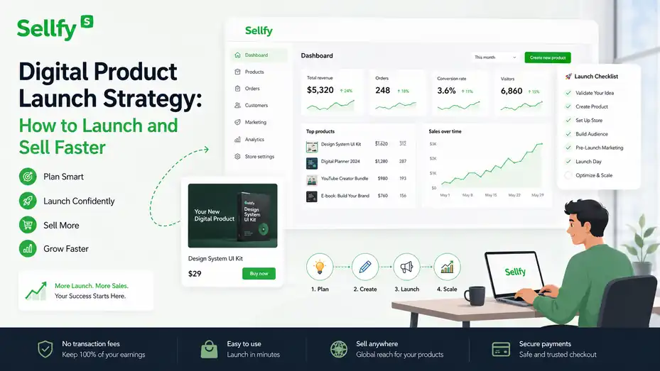 An informative illustration about Sellfy Digital Product Launch Strategy: How to Launch and Sell Faster