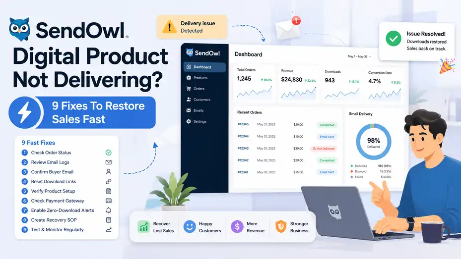 An informative illustration about SendOwl Digital Product Not Delivering? 9 Fixes To Restore Sales Fast