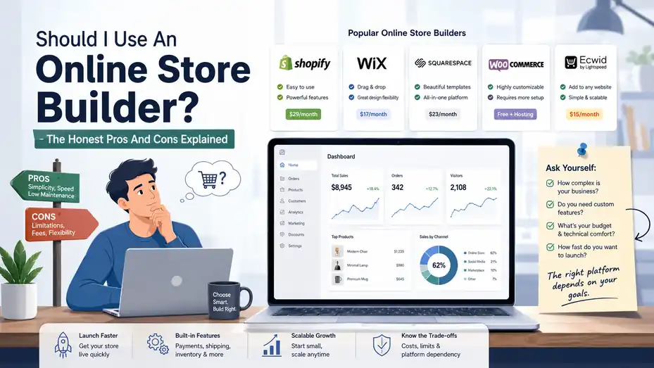 An informative illustration about Should I Use An Online Store Builder The Honest Pros And Cons Explained