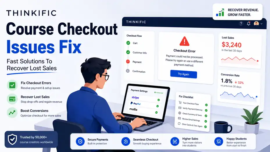 An informative illustration about Thinkific Course Checkout Issues Fix Fast Solutions To Recover Lost Sales