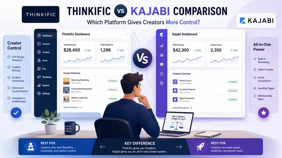 An informative illustration about Thinkific Vs Kajabi Comparison Which Platform Gives Creators More Control