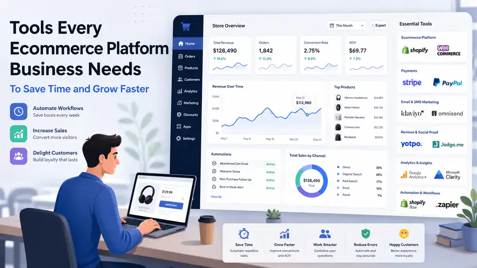 An informative illustration about Tools Every Ecommerce Platform Business Needs to Save Time and Grow Faster