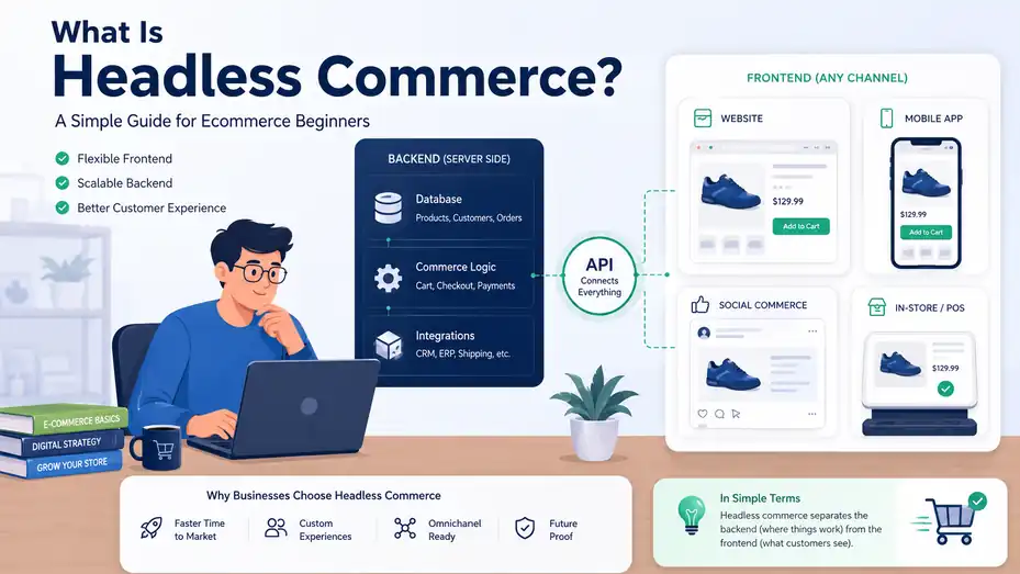 An informative illustration about What Is Headless Commerce? A Simple Guide for Ecommerce Beginners