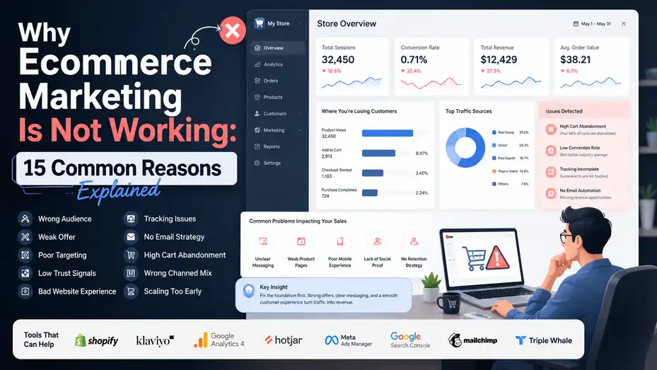 An informative illustration about Why Ecommerce Marketing Is Not Working: 15 Common Reasons Explained