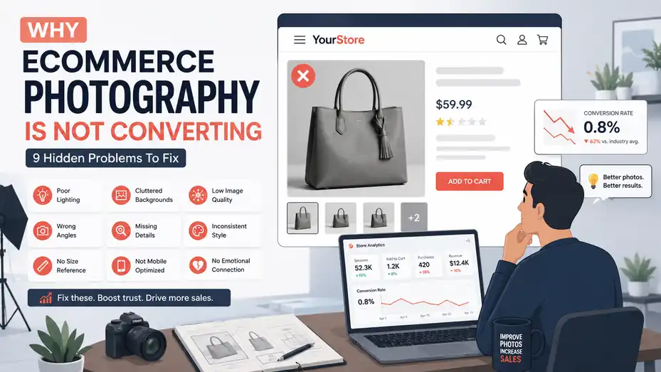 An informative illustration about Why Ecommerce Photography Is Not Converting: 9 Hidden Problems To Fix