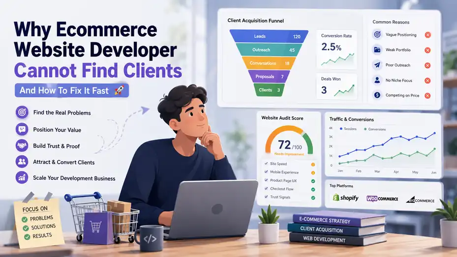 An informative illustration about Why Ecommerce Website Developer Cannot Find Clients And How To Fix It Fast