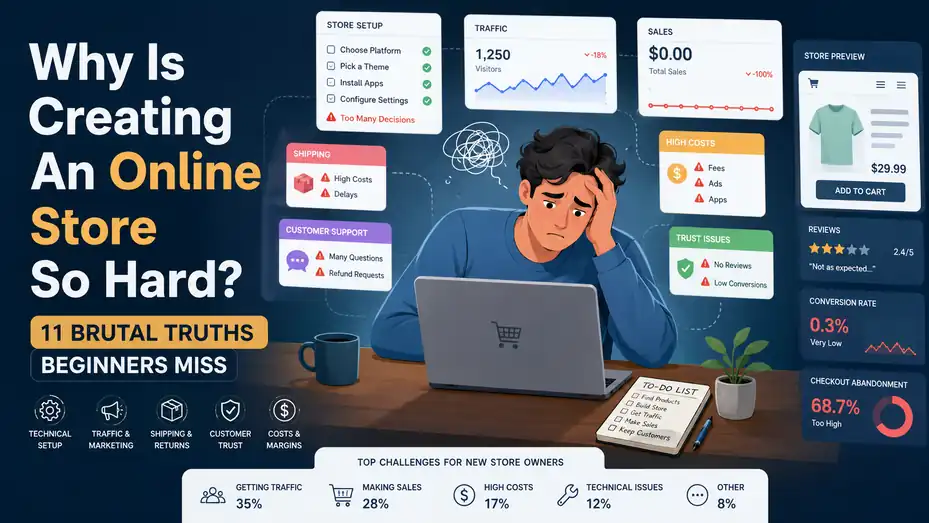An informative illustration about Why Is Creating An Online Store So Hard? 11 Brutal Truths Beginners Miss